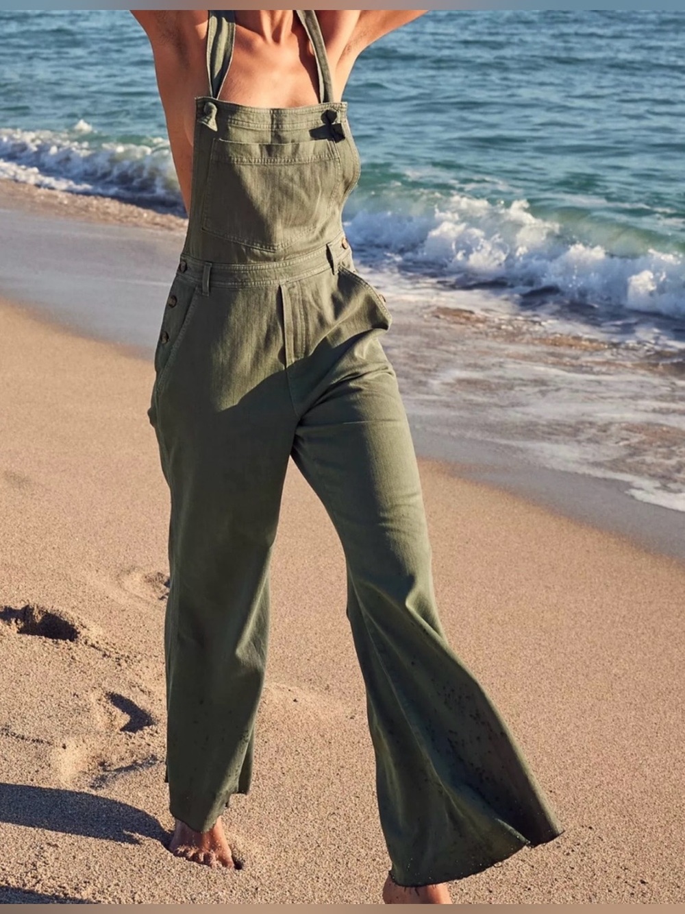 aerie Olive Green Wide-Leg Overall Jumpsuit